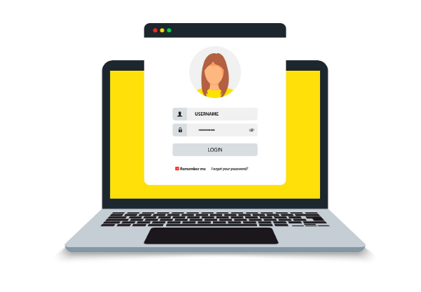 Icon-of-a-laptop-with-a-yellow-account-login-form-popping-out-of-the-screen.